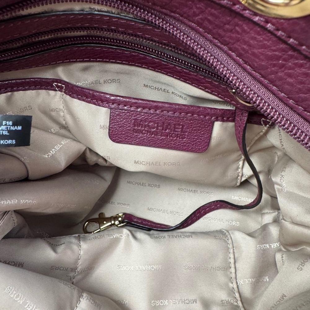 Michael Kors Bedford Pocket Tote Plum Pebble Leather Gold large Bag - Picture 10 of 12
